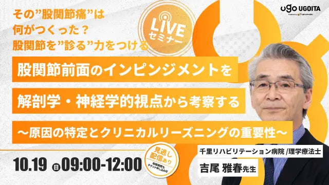 10.19【吉尾雅春先生】股関節前面痛のインピンジメントを解剖学・神経学的視点から考察する～原因の特定とクリニカルリーズニングの重要性（LIVEセミナー/ZOOM）