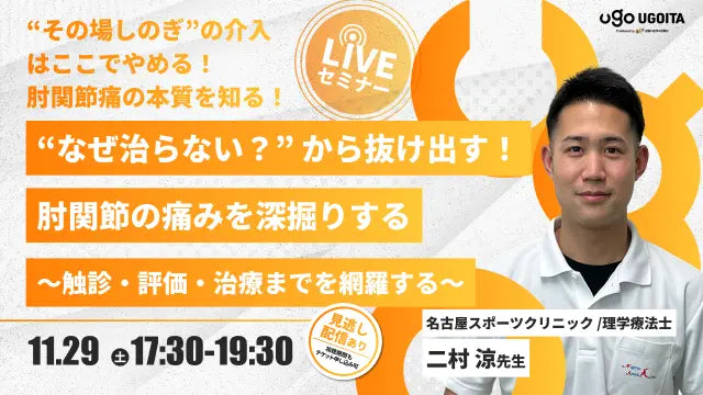 11.29【二村涼先生】”なぜ治らない？”から抜け出す！肘関節の痛みを深掘りする～触診・評価・治療までを網羅する～（LIVEセミナー/ZOOM）