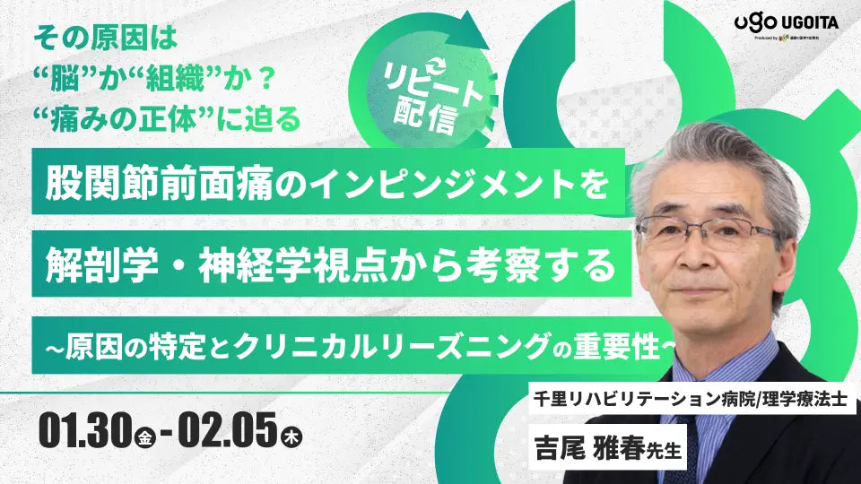 01.30【吉尾雅春先生】股関節前面痛のインピンジメントを解剖学・神経学的視点から考察する～原因の特定とクリニカルリーズニングの重要性（リピート配信）